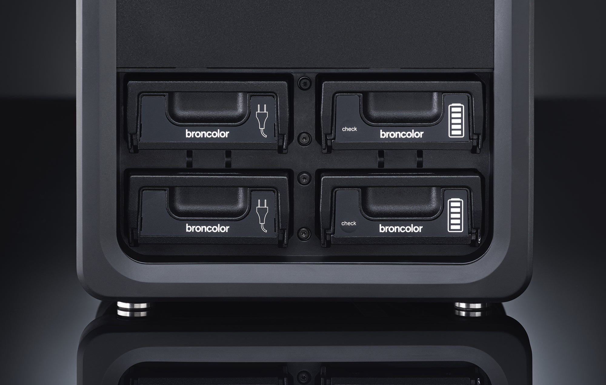 Charging ports for the Empty Broncolor Satos 3200J lighting power pack.