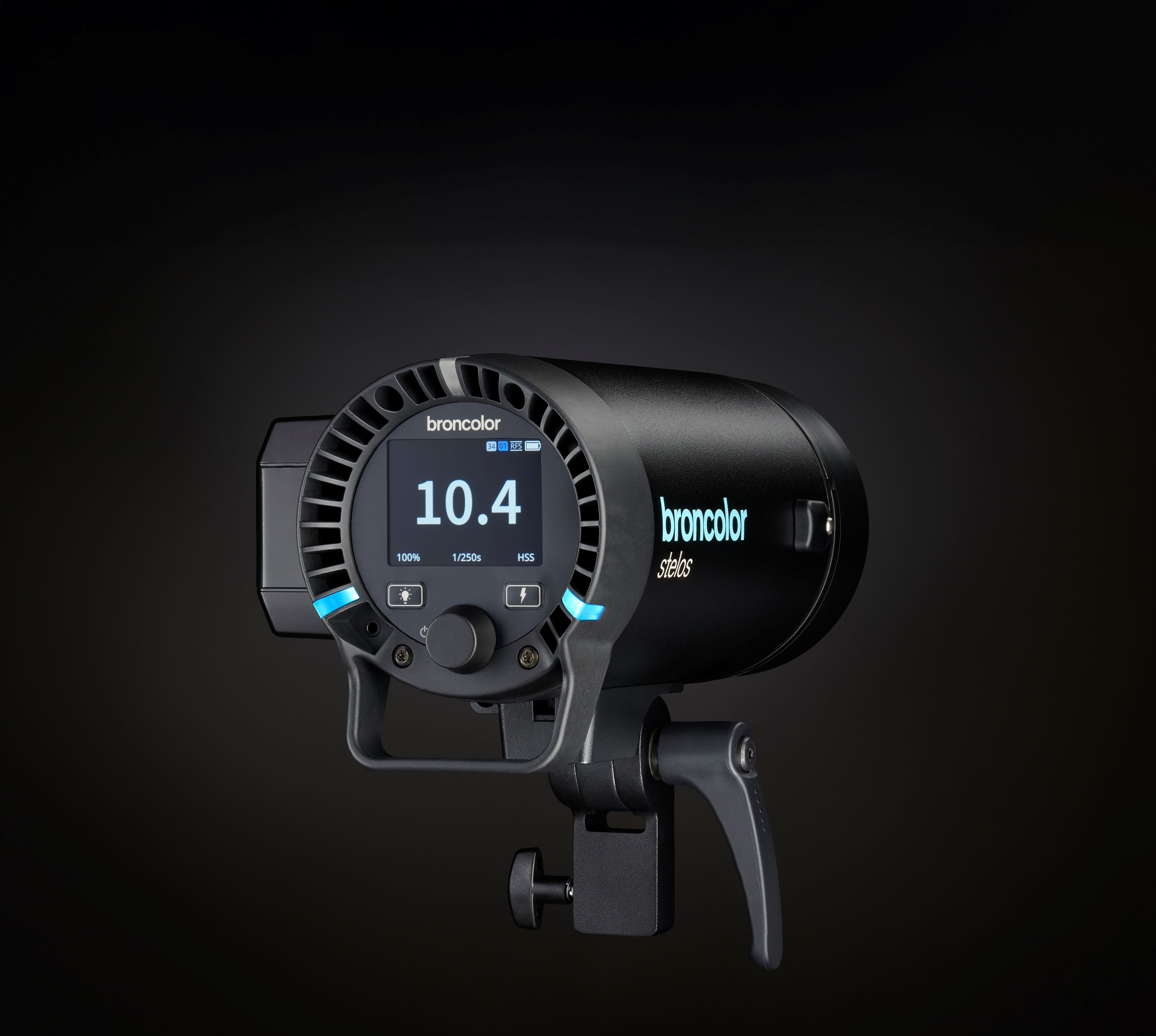 Rear 3/4 view of the Broncolor Stelos 800 L Monolight on a black background.