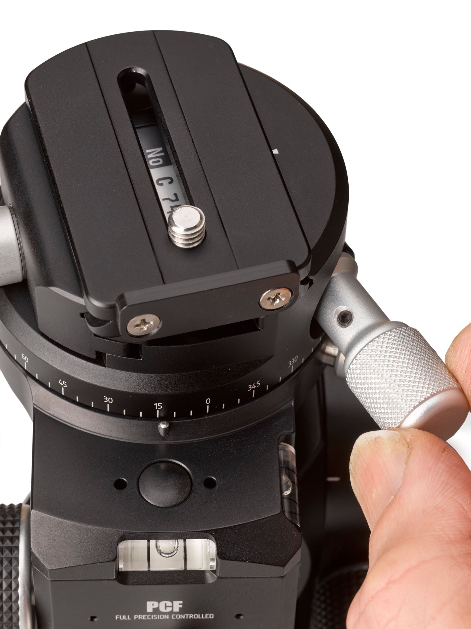 Top view of the Cambo PCF Precision Geared Head with Geared Camera Platform Rotation. Showing the fine adjustment know for the Camera Platform Rotation.