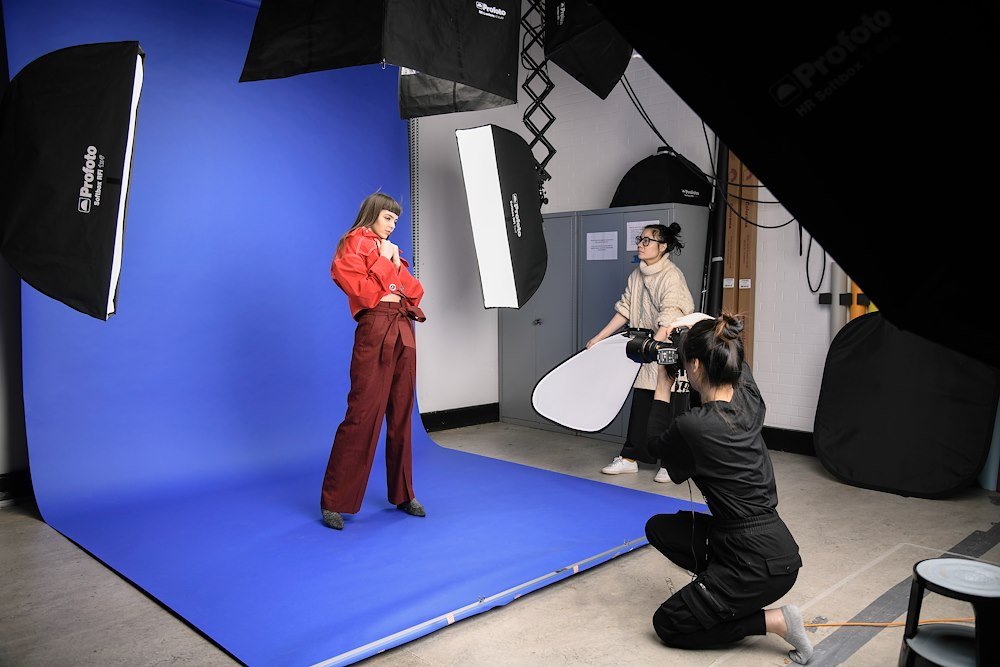 A studio environment utilising a ChromaBlue seamless background paper with Profoto lights.