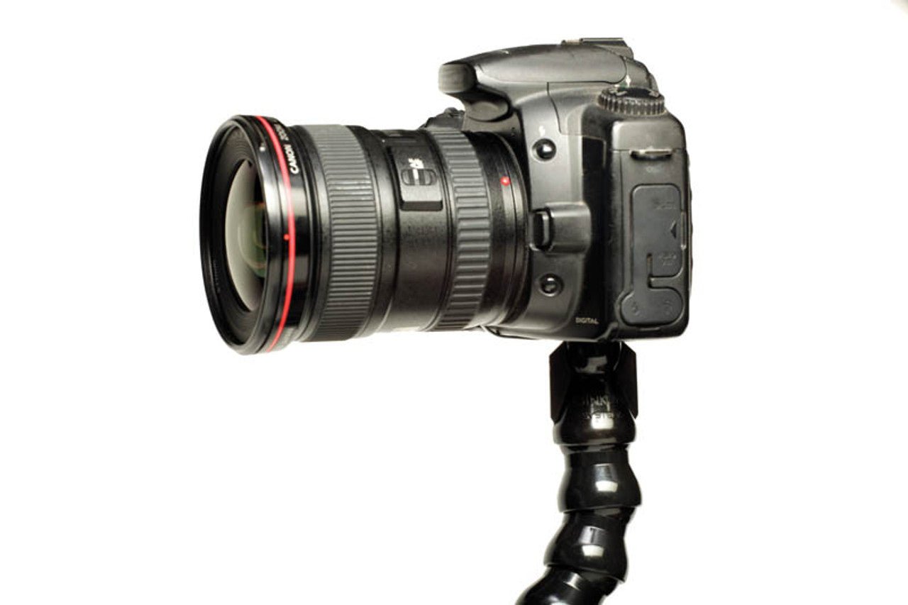 Side view of a camera connected to the Dinkum ActionPod® PRO Mount.