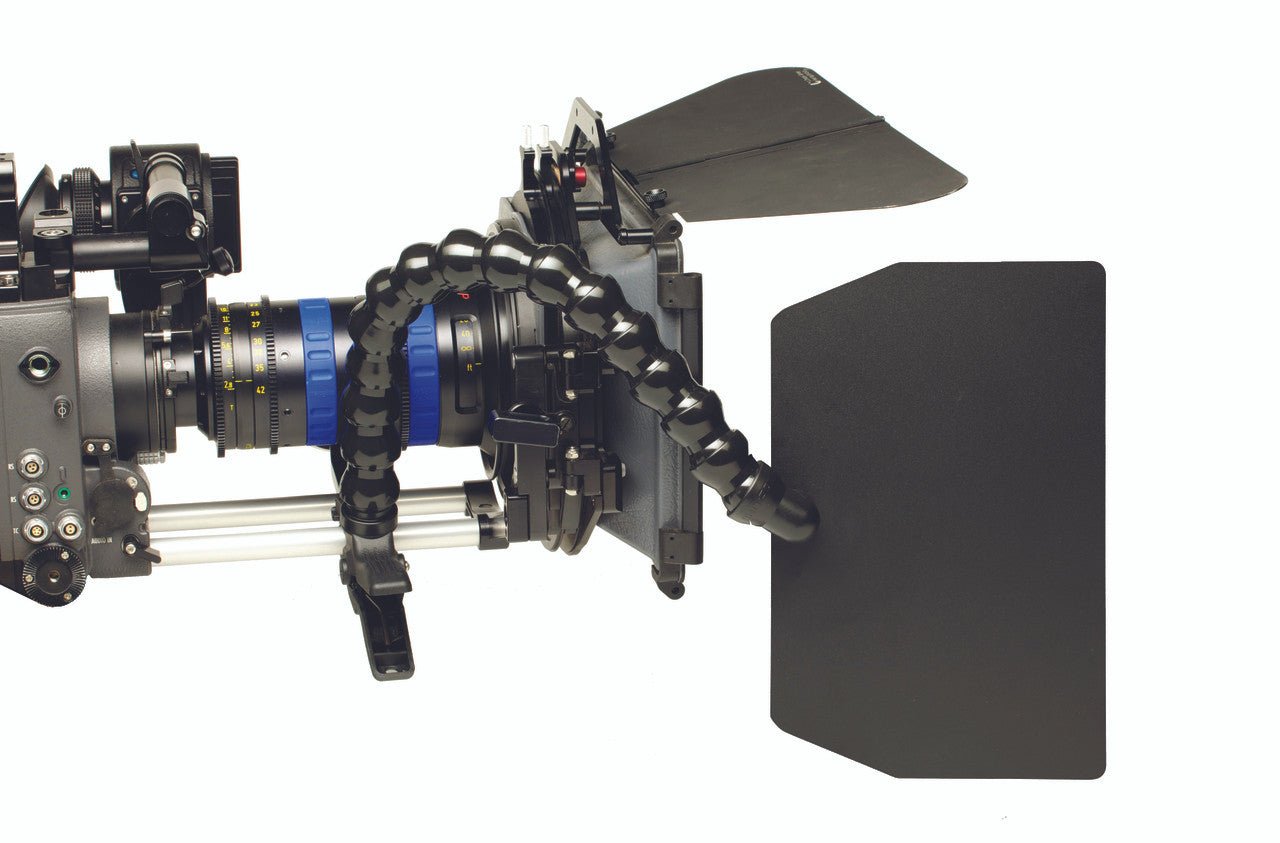 Side view of Dinkum CINE™ Lens Shade w/ Clamp being utilised.