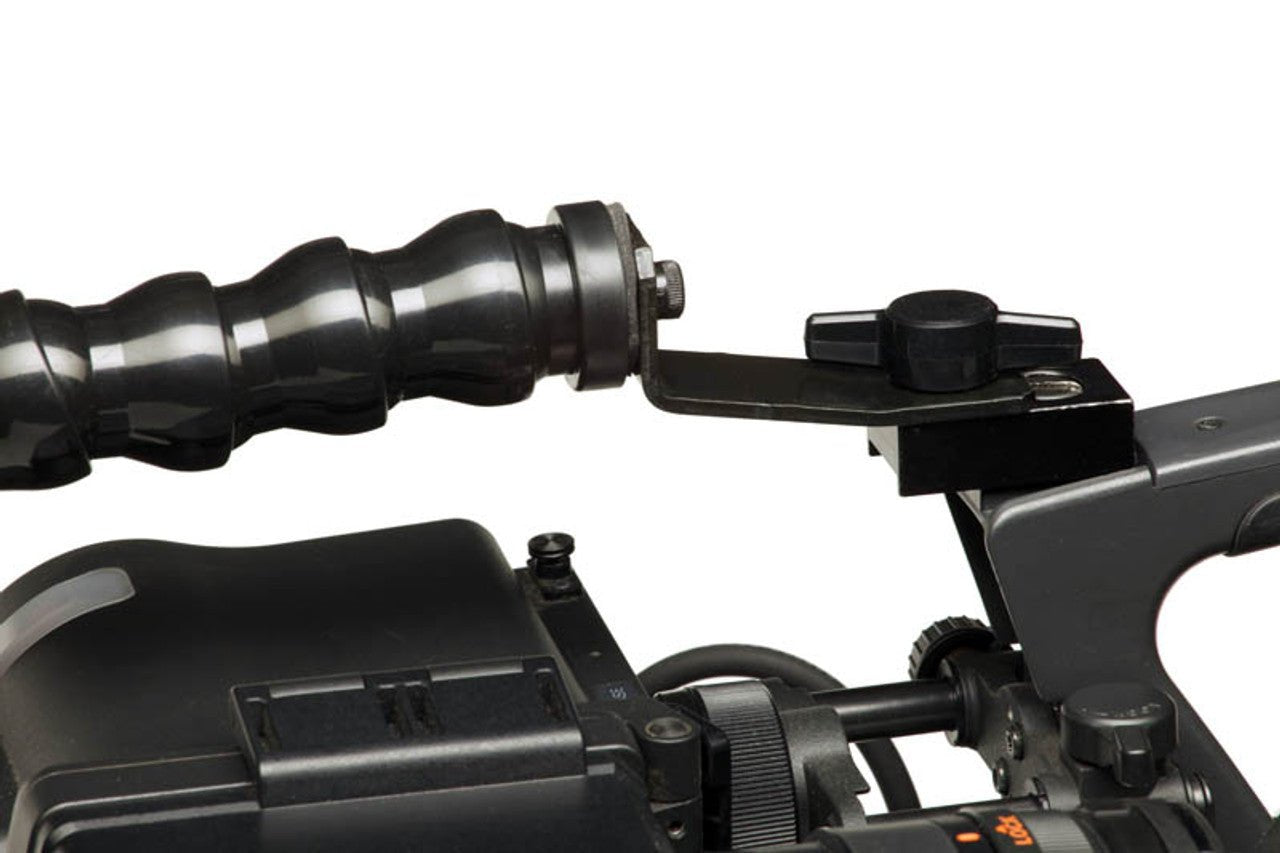 Close-up of the Dinkum PRO™ Lens Shade Fixed Base Mount attached to a camera.