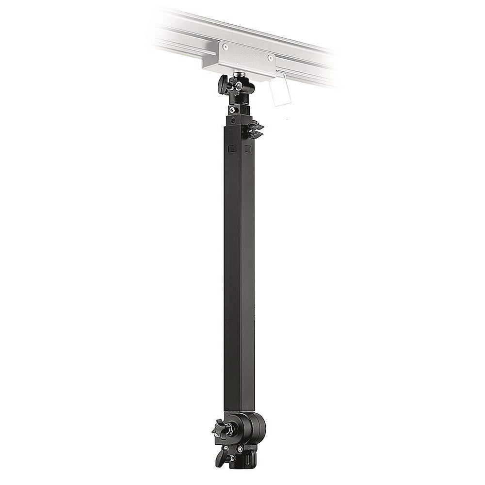 A telescopic pole for ceiling tracking or gantry systems found in photo and video studios. Seen attached to a ceiling track rail and single trolly, for effortless movement.