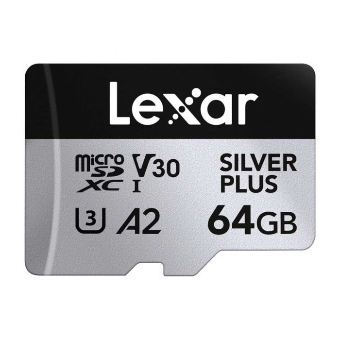 microSDXC Silver Plus UHS-1 64GB V30 R205/W100MB/s on a white background.