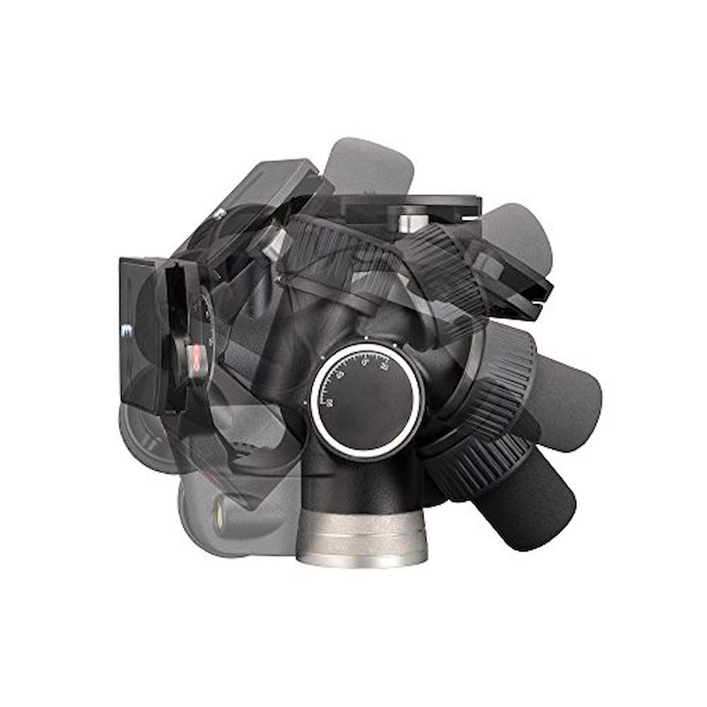 Manfrotto 405 Precision Geared Head, complex view showing geared drives and the range of motion that is possible with this Manfrotto Geared Head.