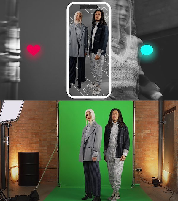 Split image conveying the raw and edited version utilising the Manfrotto Ezy Frame Chromakey Green Background.