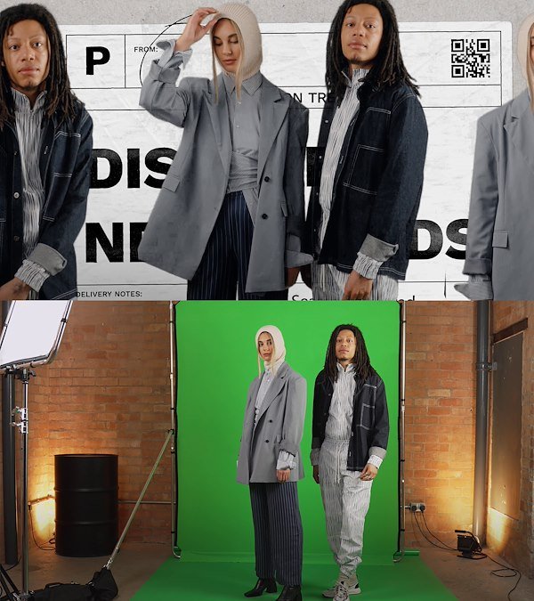 Split image conveying the raw and edited version utilising the Manfrotto Ezy Frame Chromakey Green Background.