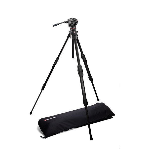Manfrotto ONE Aluminium with 500X Fluid head fully extended and shown with carry bag.