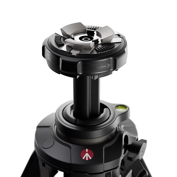 Detail image of the Manfrotto ONE Carbon Fibre tripod with a Manfrotto Xchange also in use.