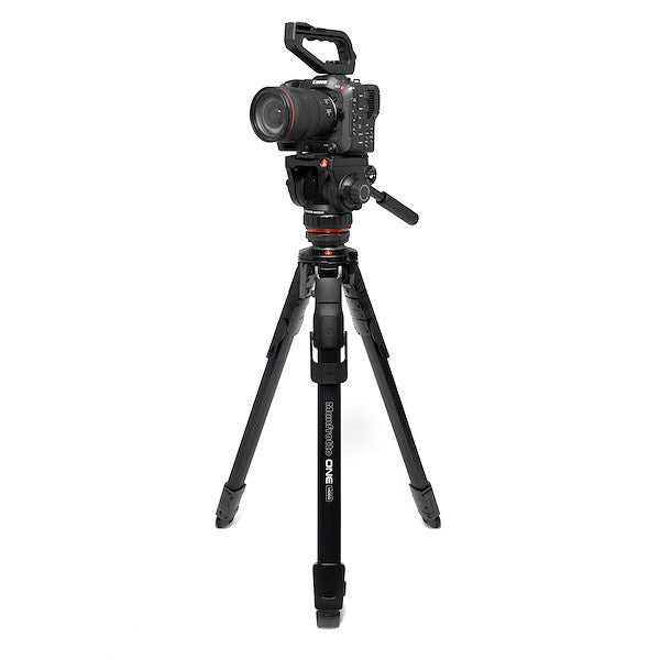 Manfrotto ONE Video Aluminium Tripod Kit with 502X Fluid Head with a camera.