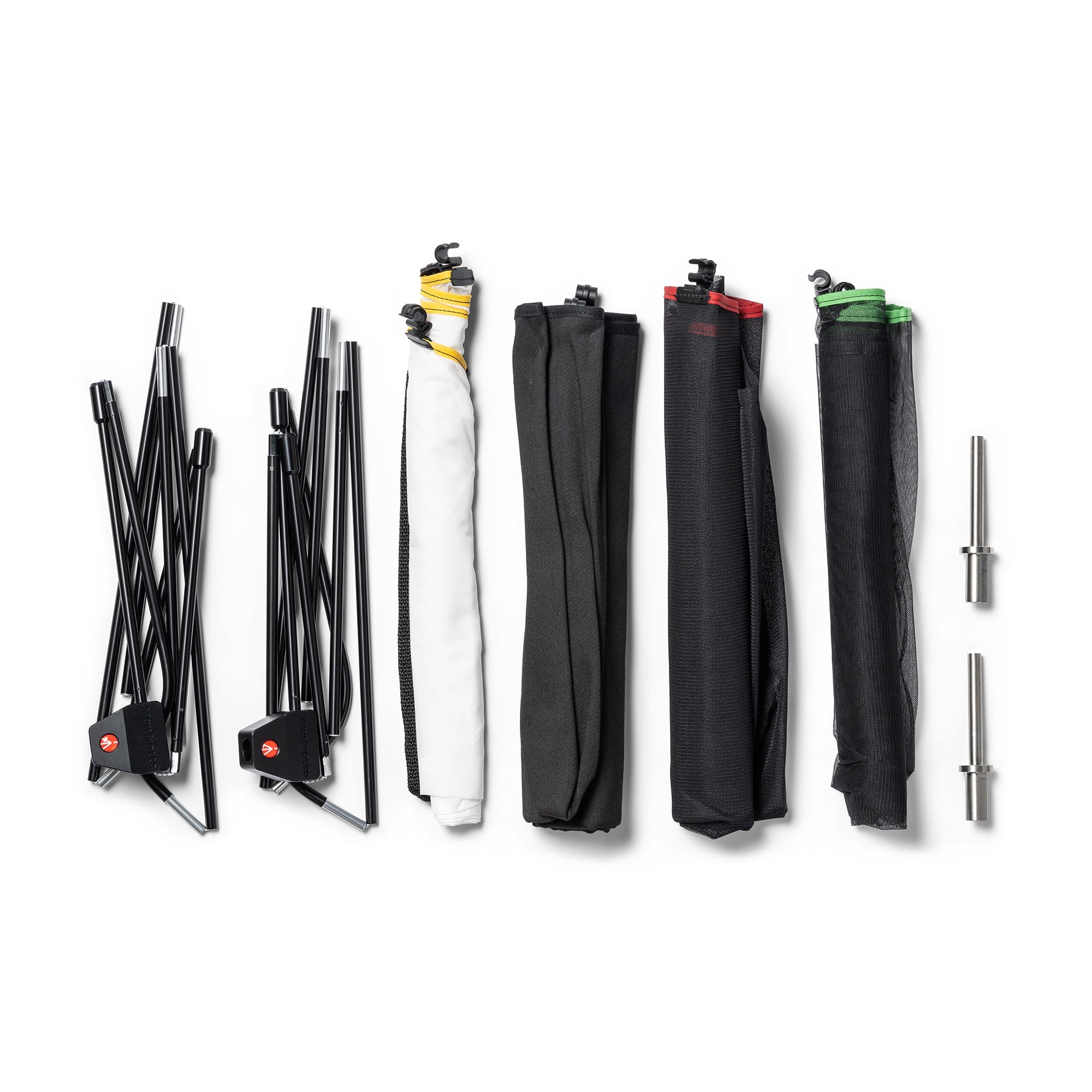 Layflat style image showing the kit contents, including the Manfrotto Rapid Flag 24"x36" Frame with slik and scrims with grip head mounting pins.