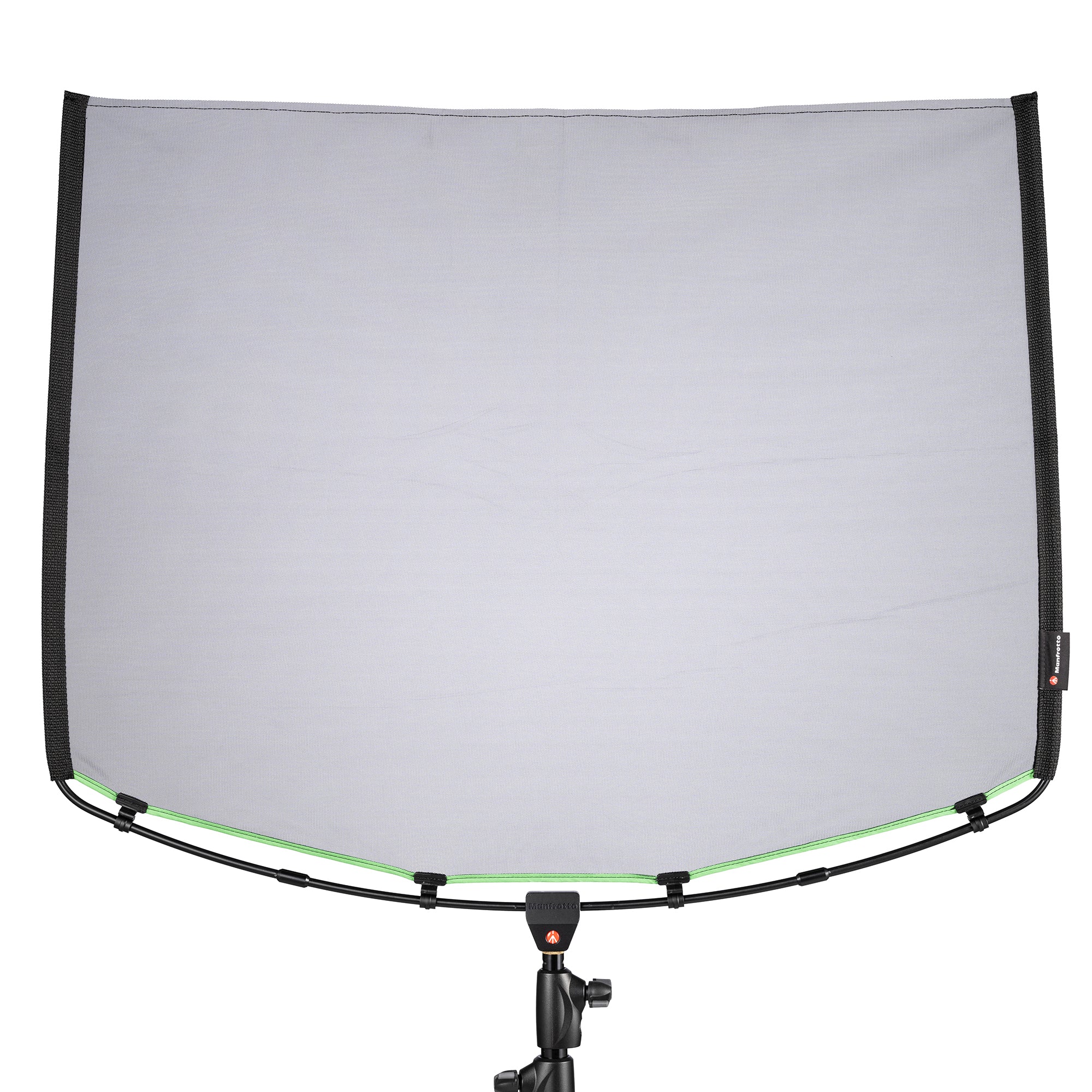 A assembled Manfrotto Rapid Collapsible Rapid Frame shown with Black Scrim with green edging.
