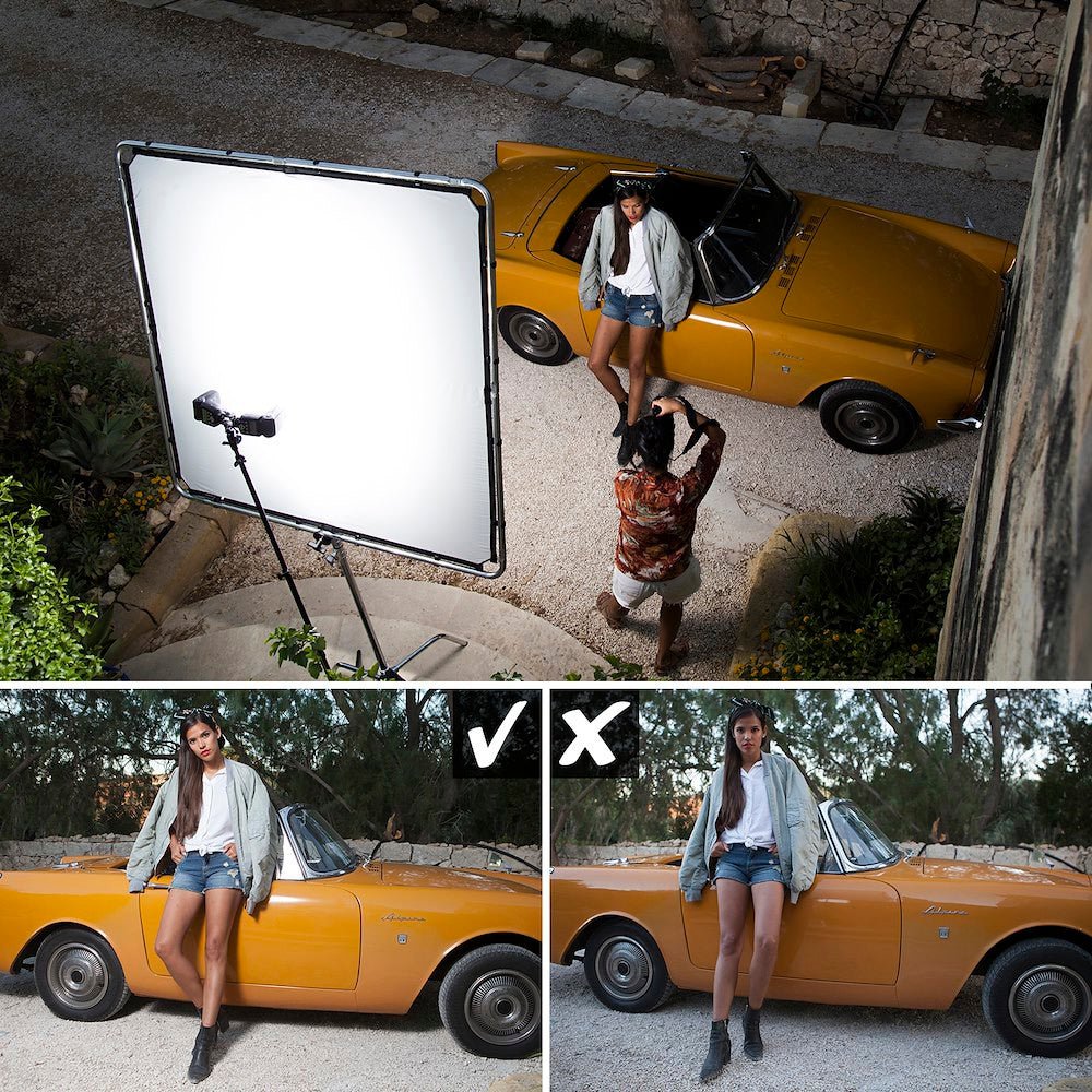 Comparison image using the Skylite Rapid Fabric Midi 1.5m x 1.5m Stop Diffuser.