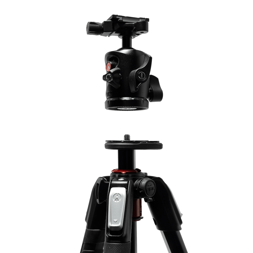 Manfrotto X-PRO ball tripod head elevated off the tripod.