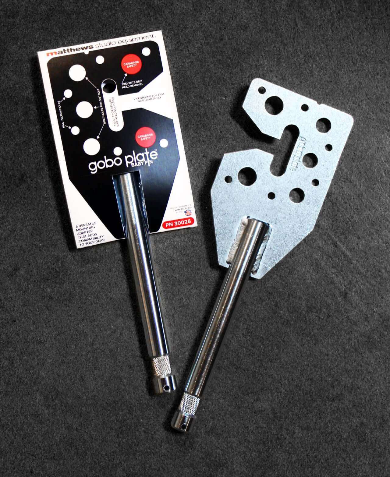 Matthews Gobo Plate Baby Pin shown in its packaging and separately as well.