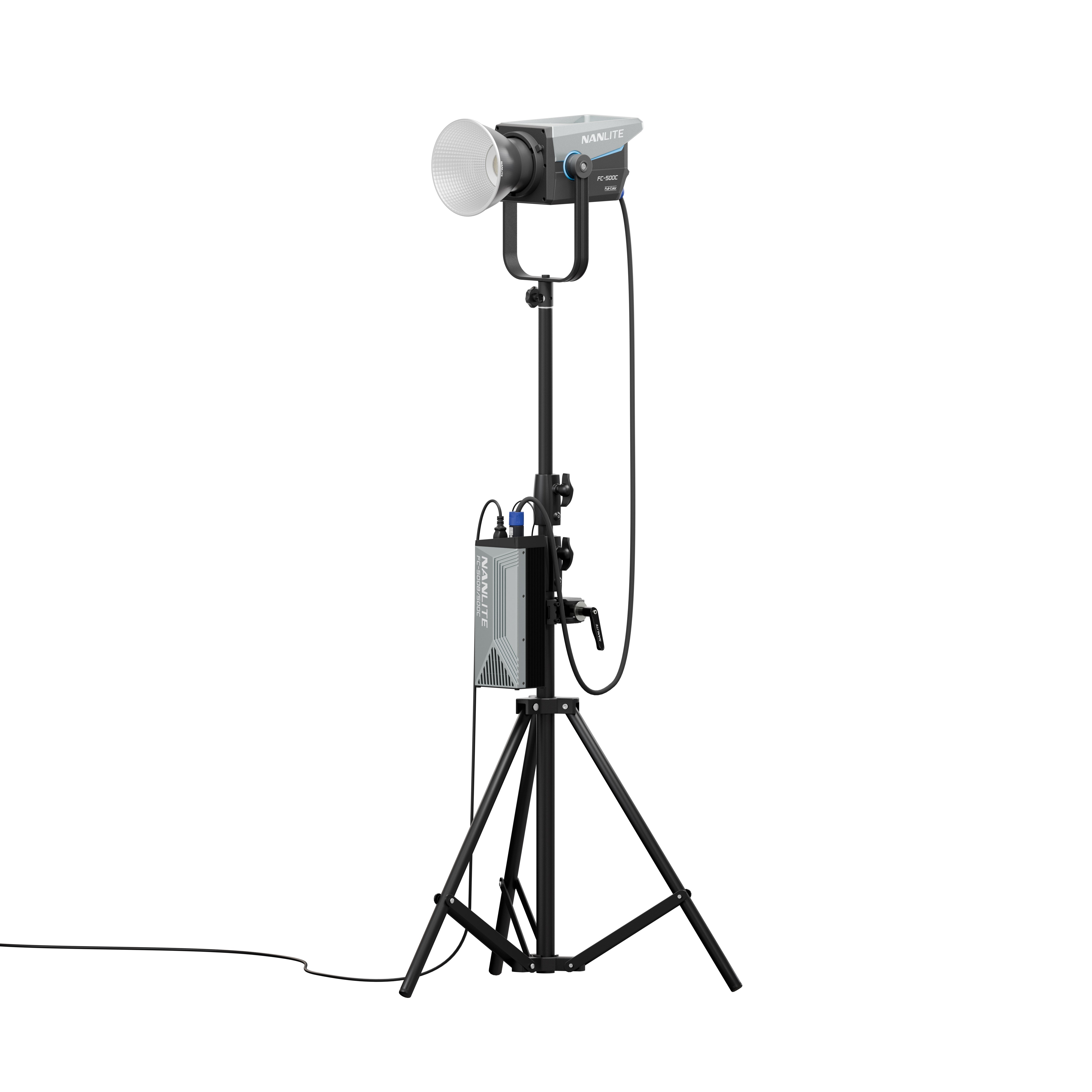 Front 3/4 view of NANLITE FC-500C LED RGBW Spot Light attached to a light stand.