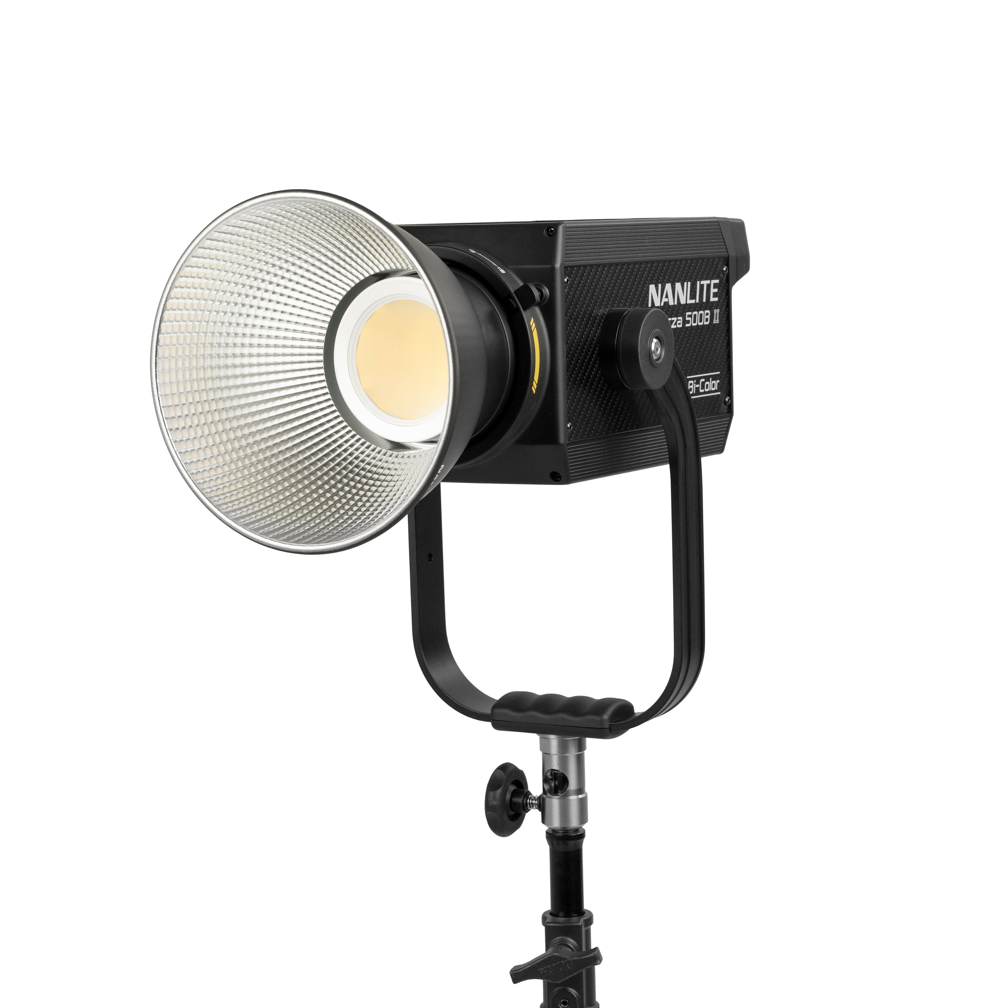 Front 3/4 view of a NANLITE Forza 500B II LED Bi-color Spot Light.