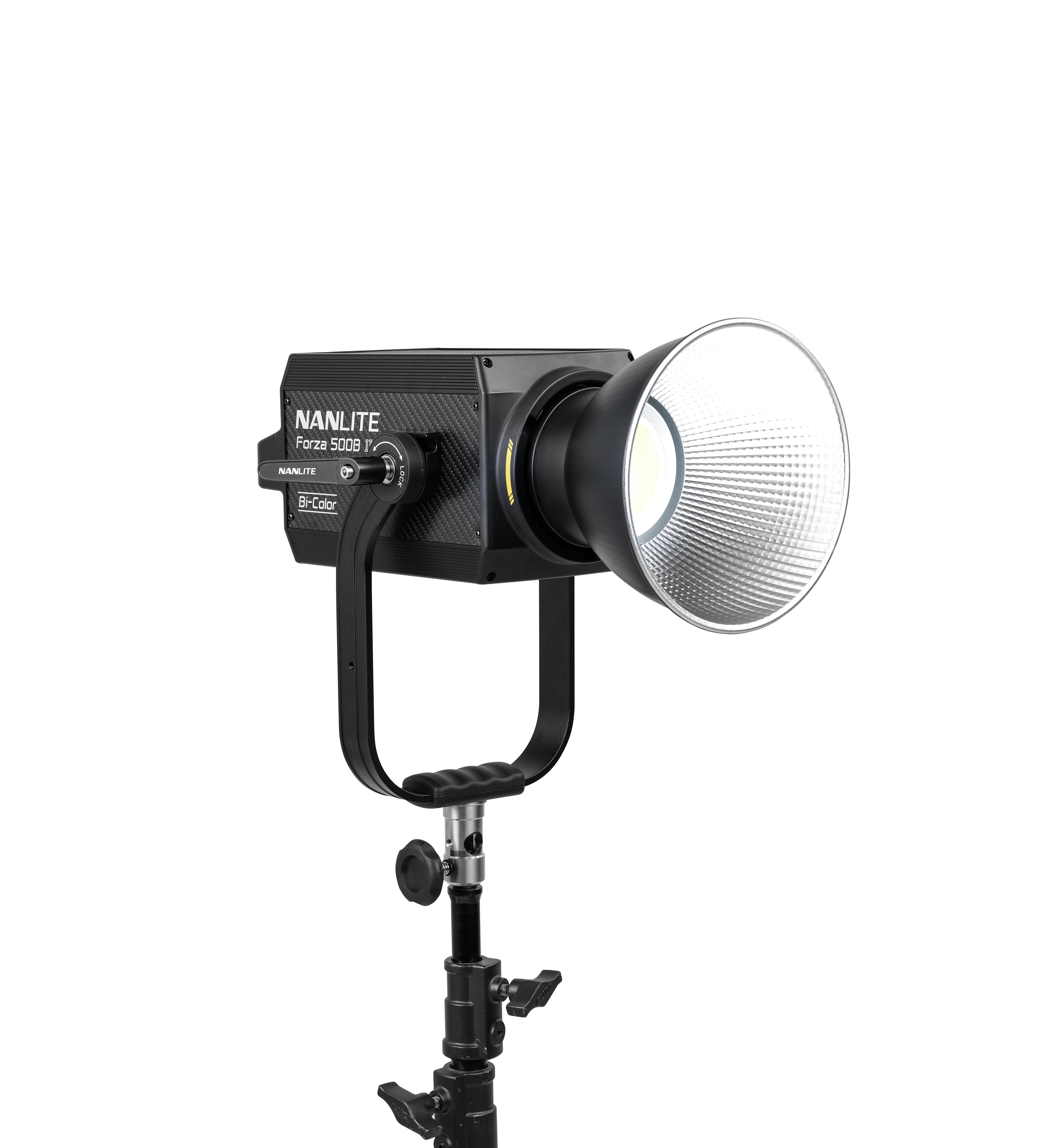 Front 3/4 view of the NANLITE Forza 500B II LED Bi-color Spot Light.