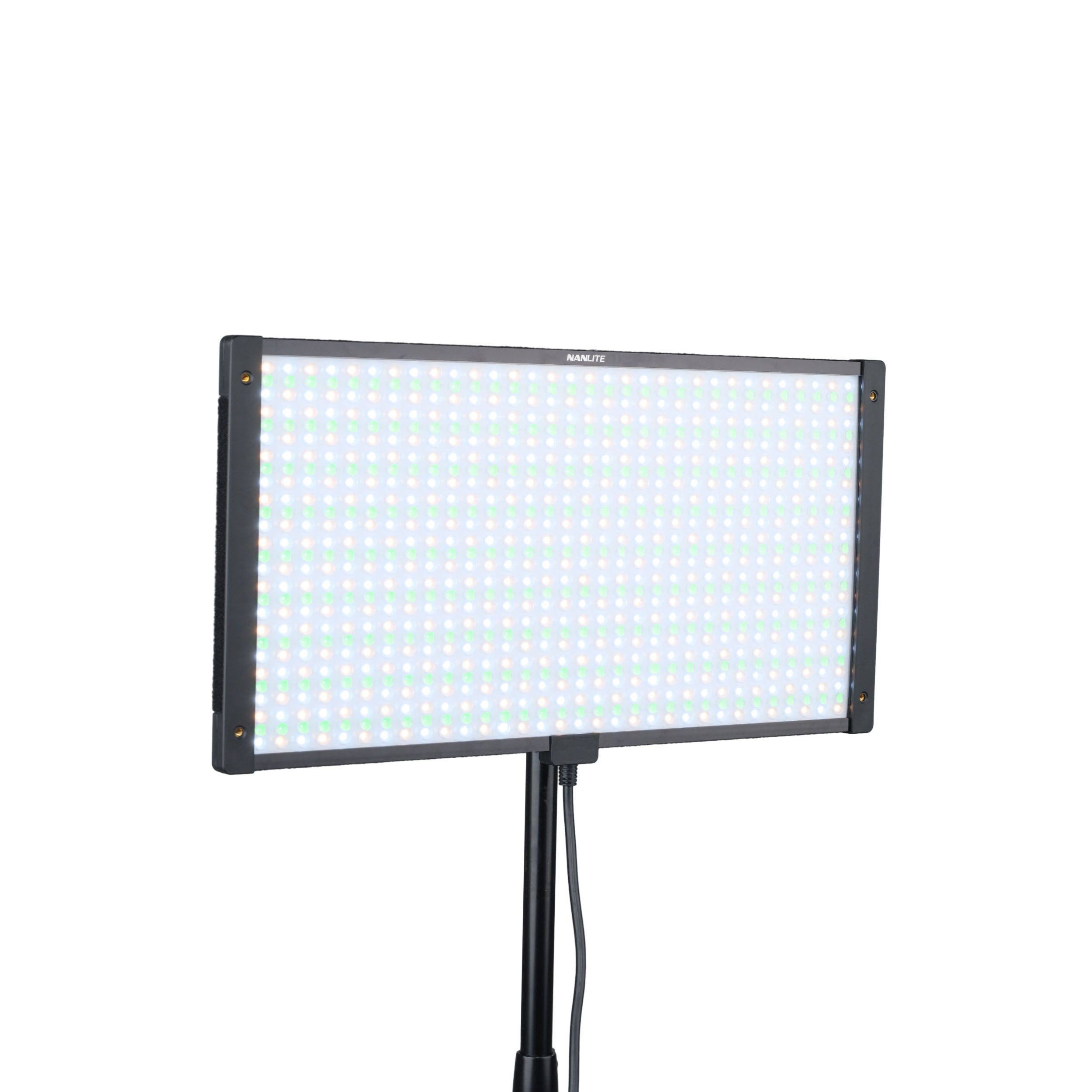 NANLITE PavoSlim 120C LED RGBWW Panel Light attached to a lighting stand.