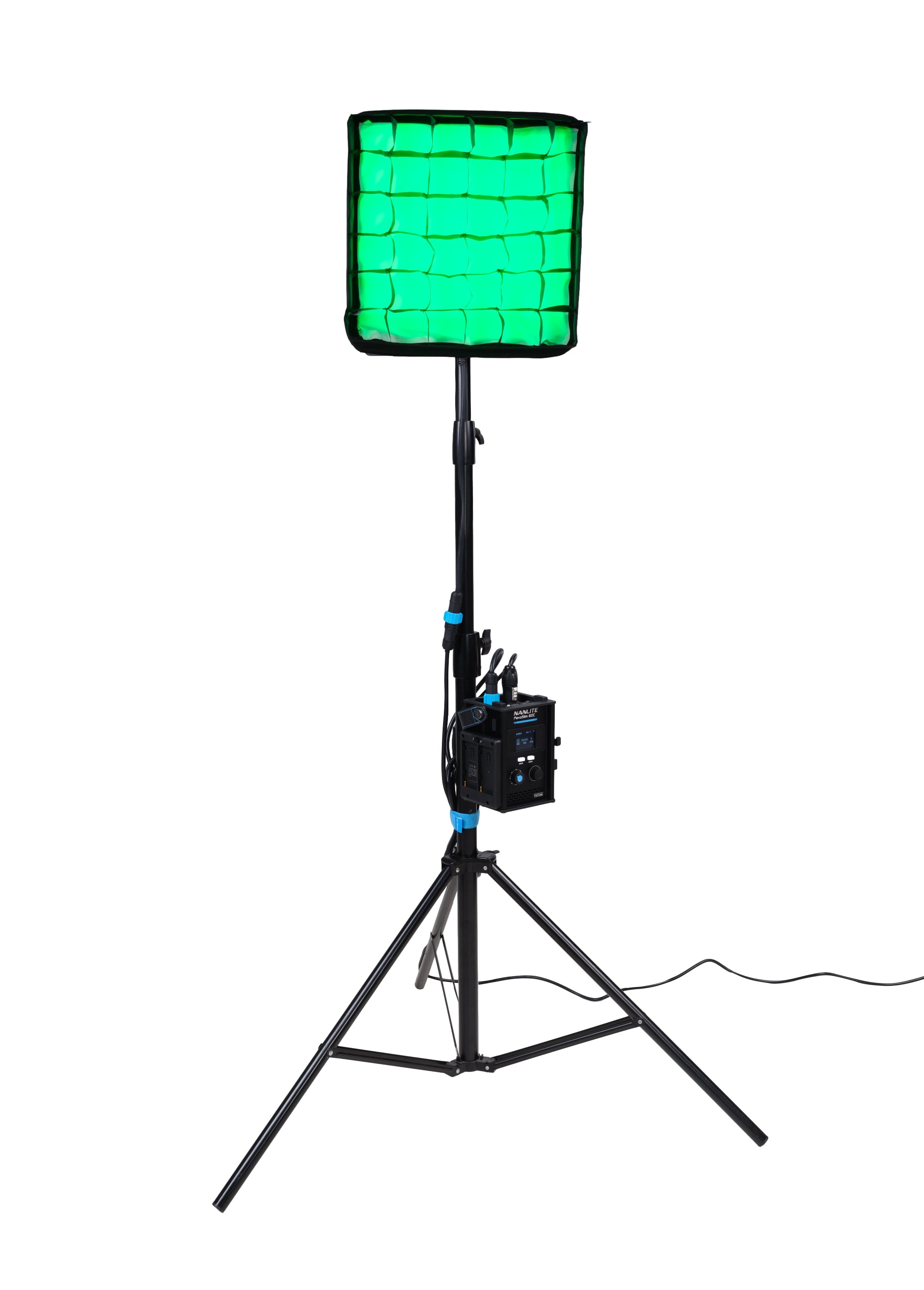 NANLITE PavoSlim 60C LED RGBWW Panel Light with green light projected out.