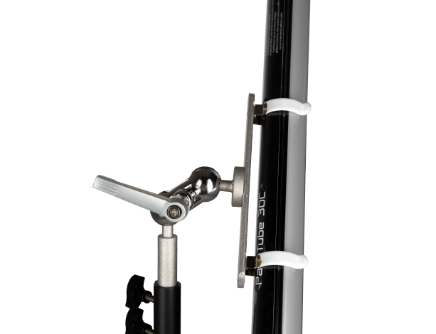 Nanlite T12 holder shown on a transparent background. Shown with its handle and grips to holding a Pavotube 30C.
