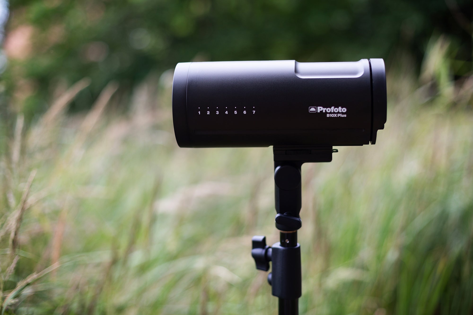 Side view of the Profoto B10X Plus out on location.