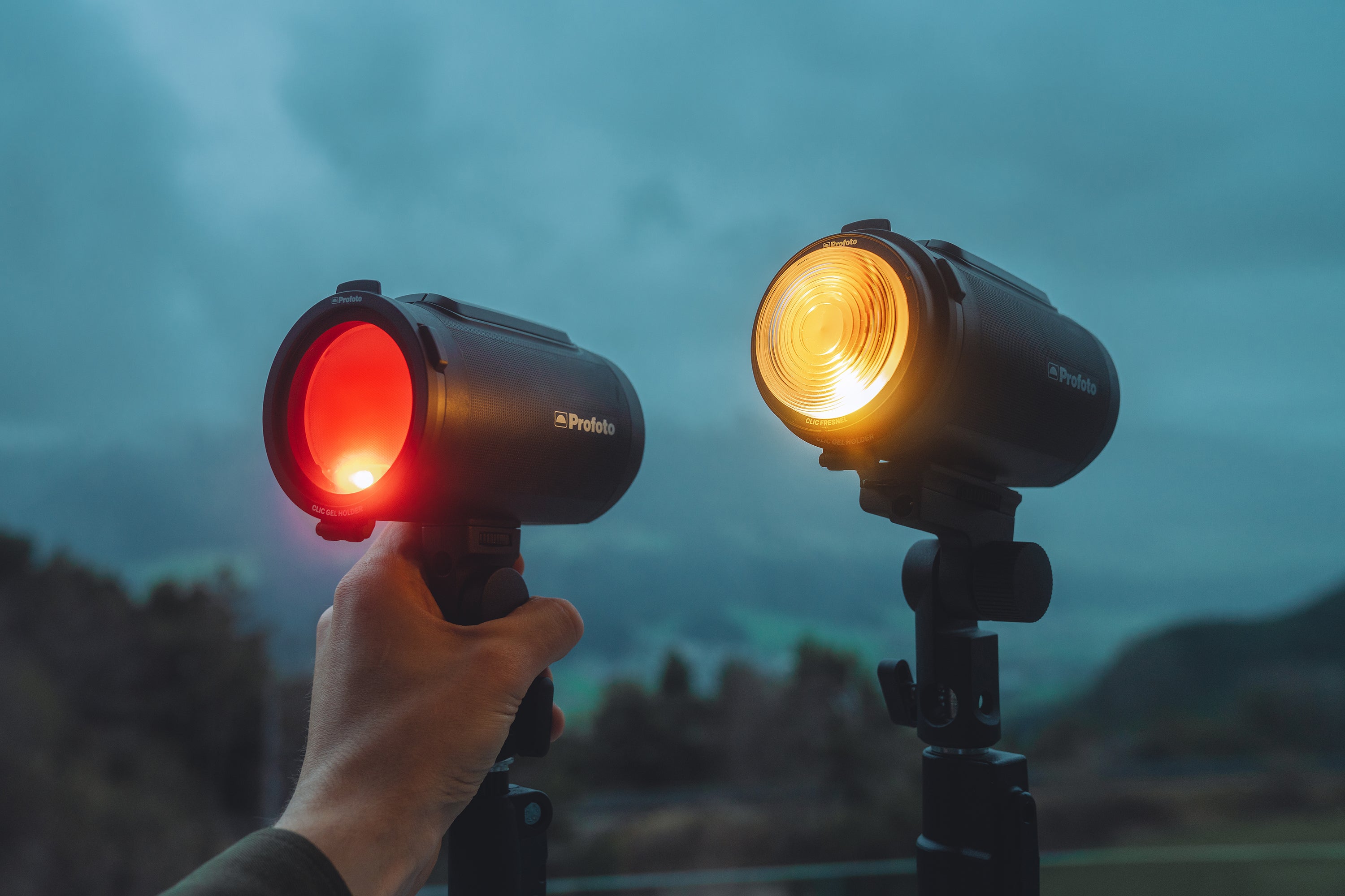 Two Profoto Clic Fresnels attached to lights.