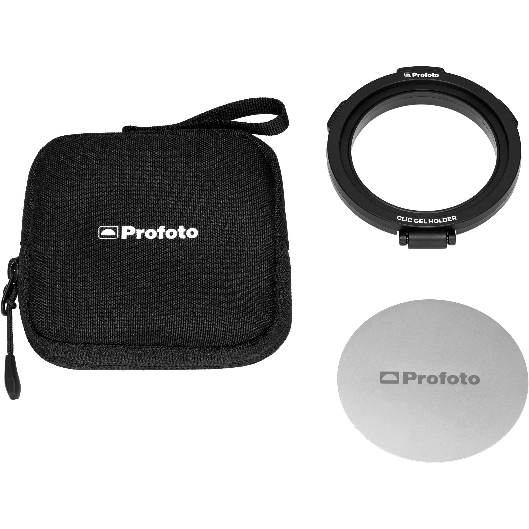 Profoto Clic Gel Holder with a stainless steel template and a black protective case, without gels.