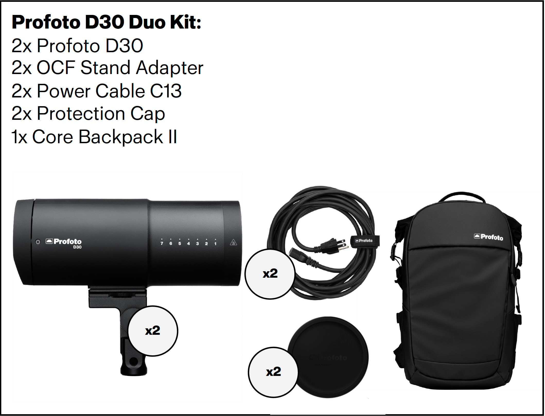 Detail image showing all components included in a Profoto D30 Duo Kit.