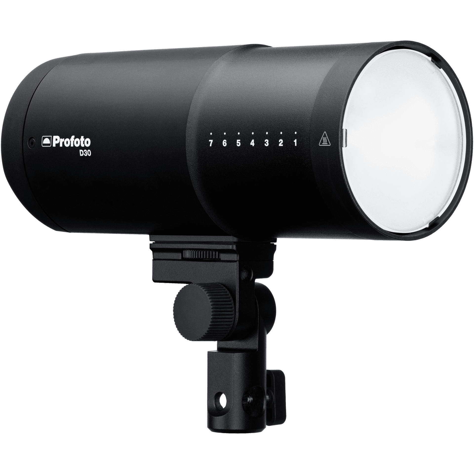 Profoto D30 right side and front, clearing showing the stand mount and protective glass disc.