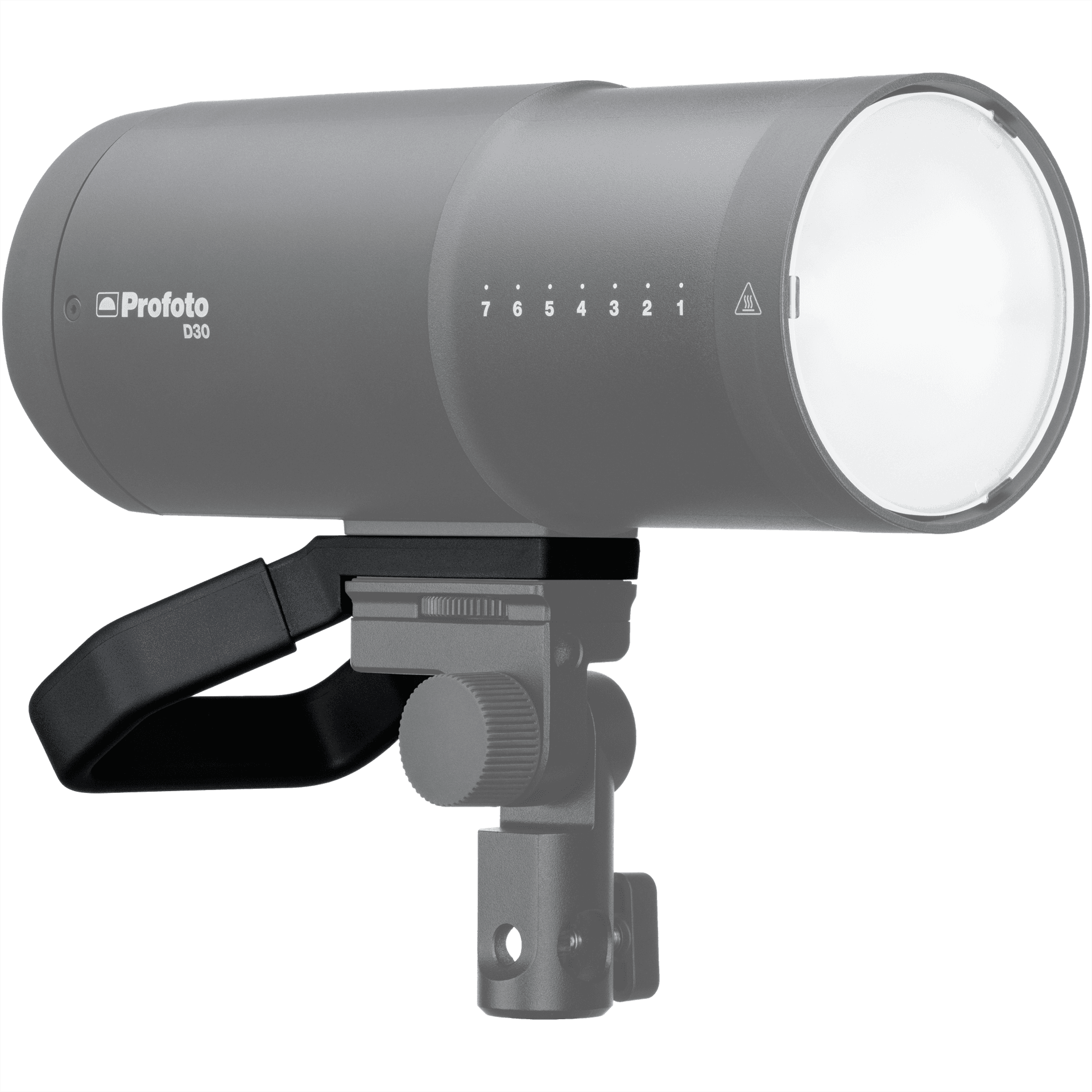 Handle shown on the body of a Profoto D30 which is ghosted out for illustration purposes.