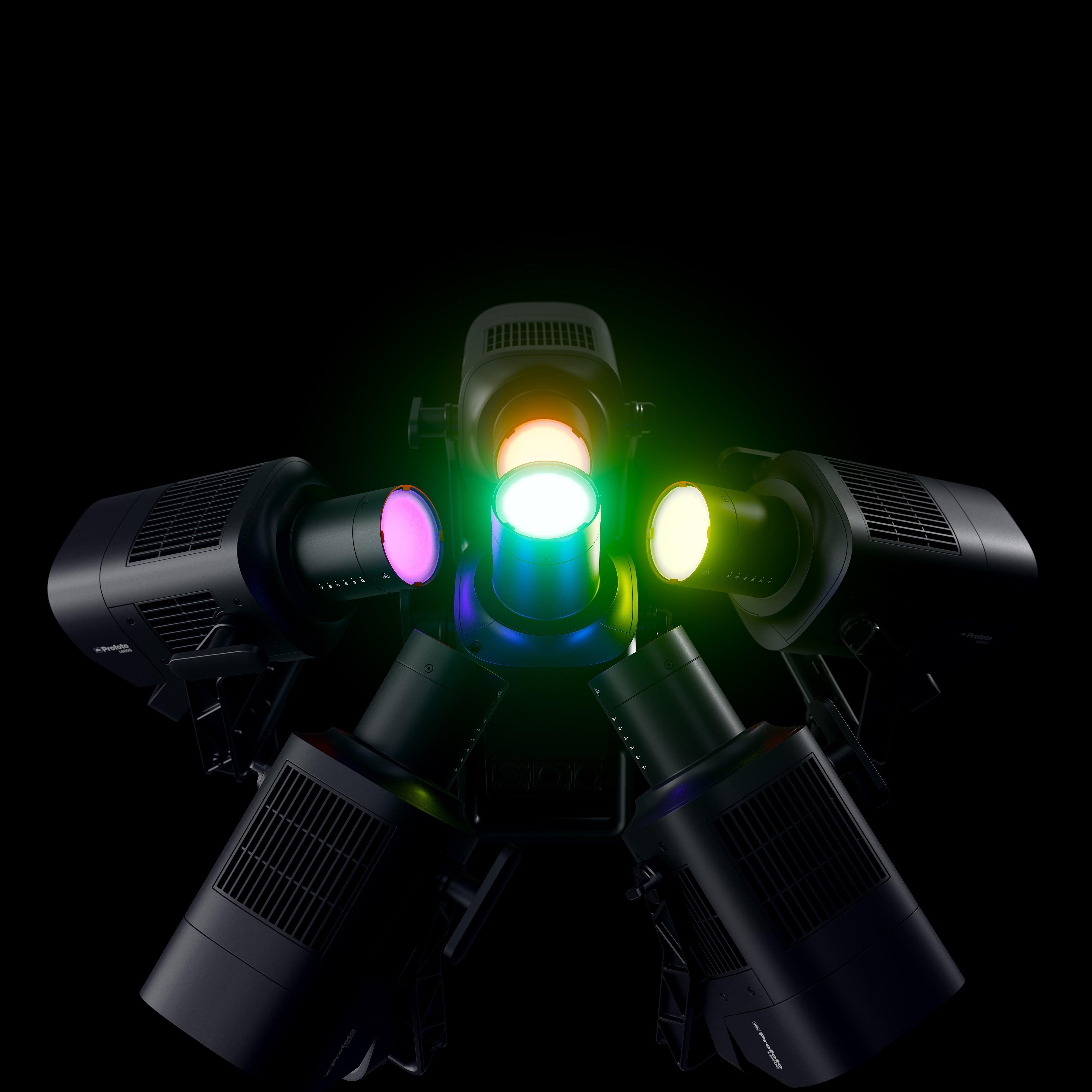 Several Profoto L600C's shown projecting different colour lights.