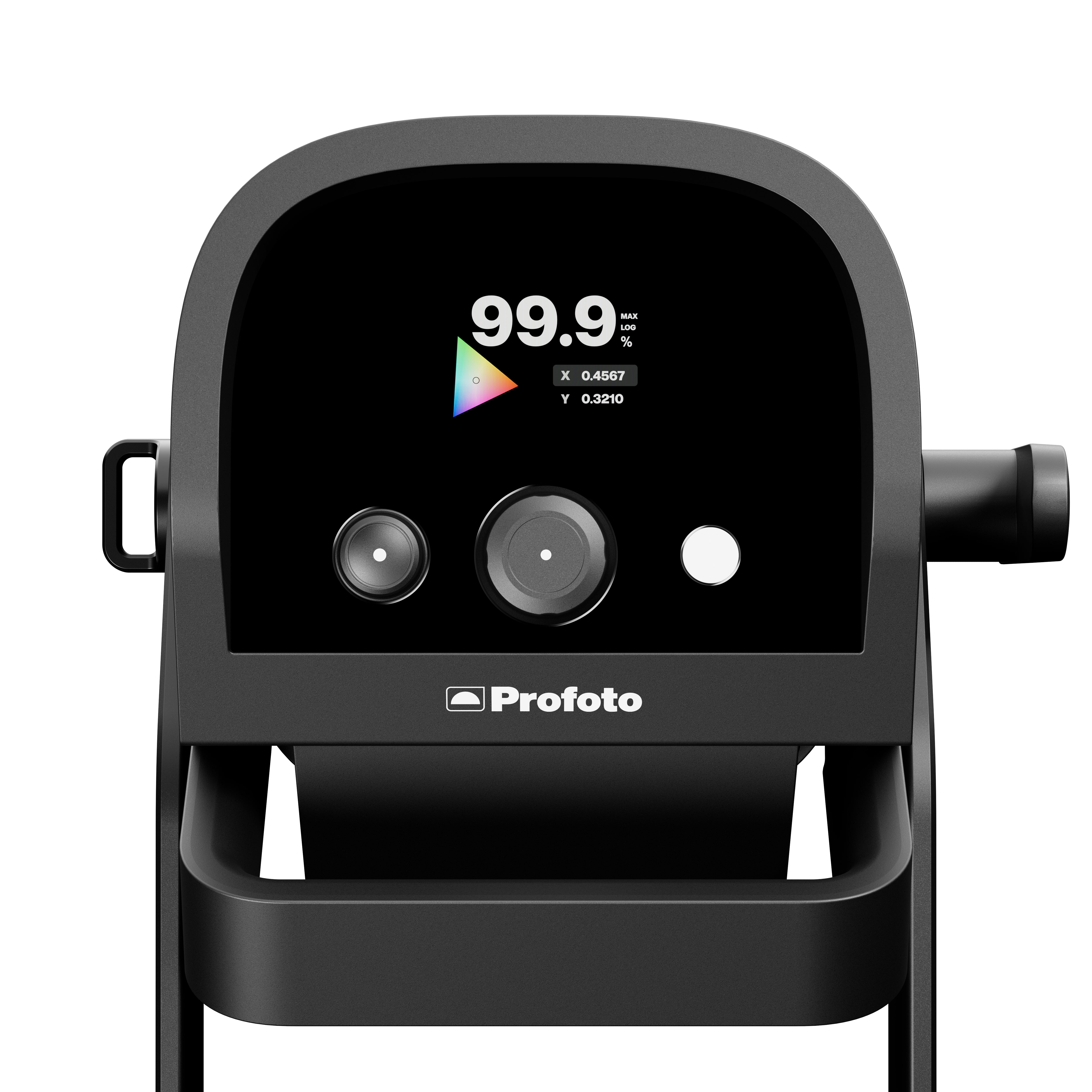 Detail image showing the rear of a Profoto L600C with screen and button controls.