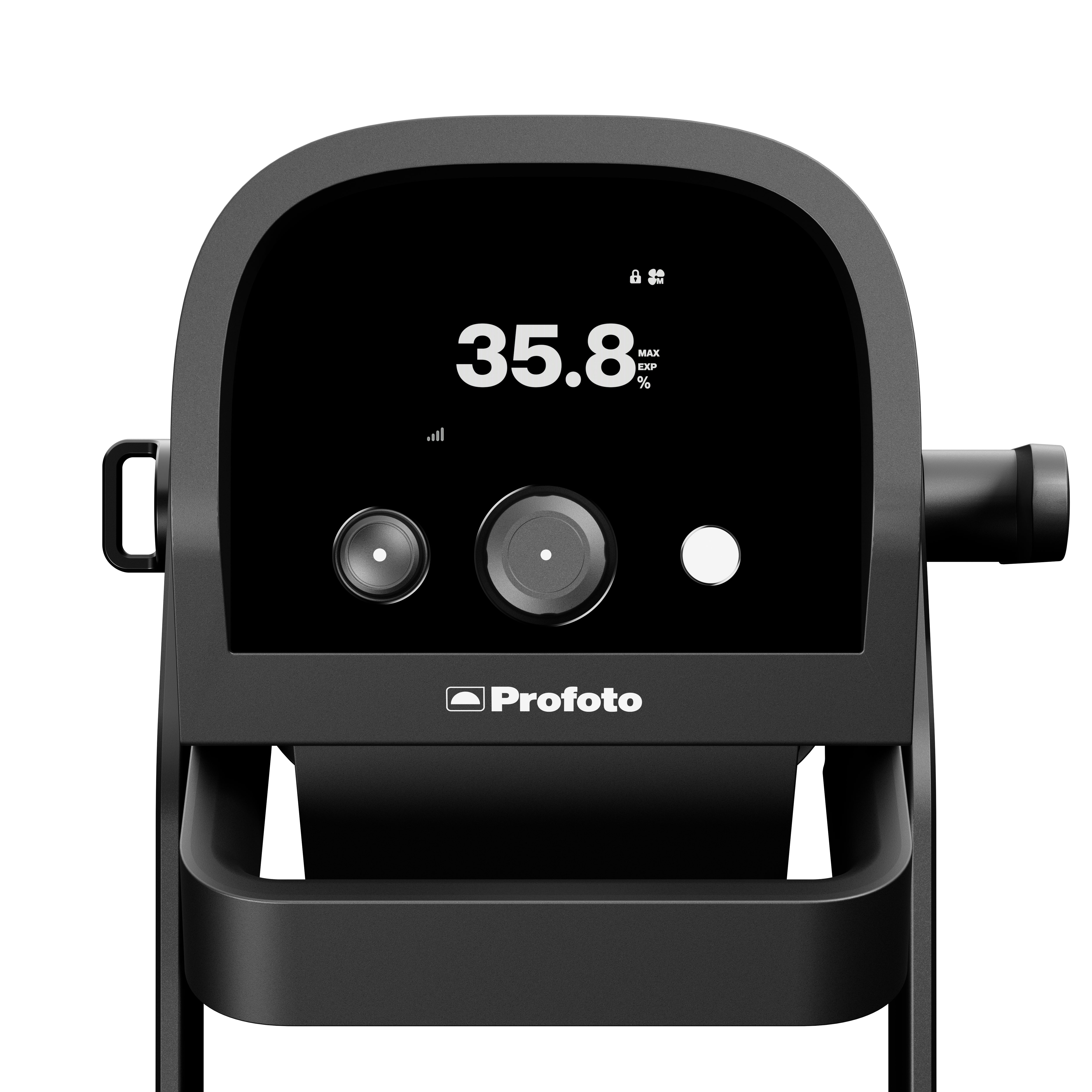 Rear view of Profoto L600D with screen and button controls.