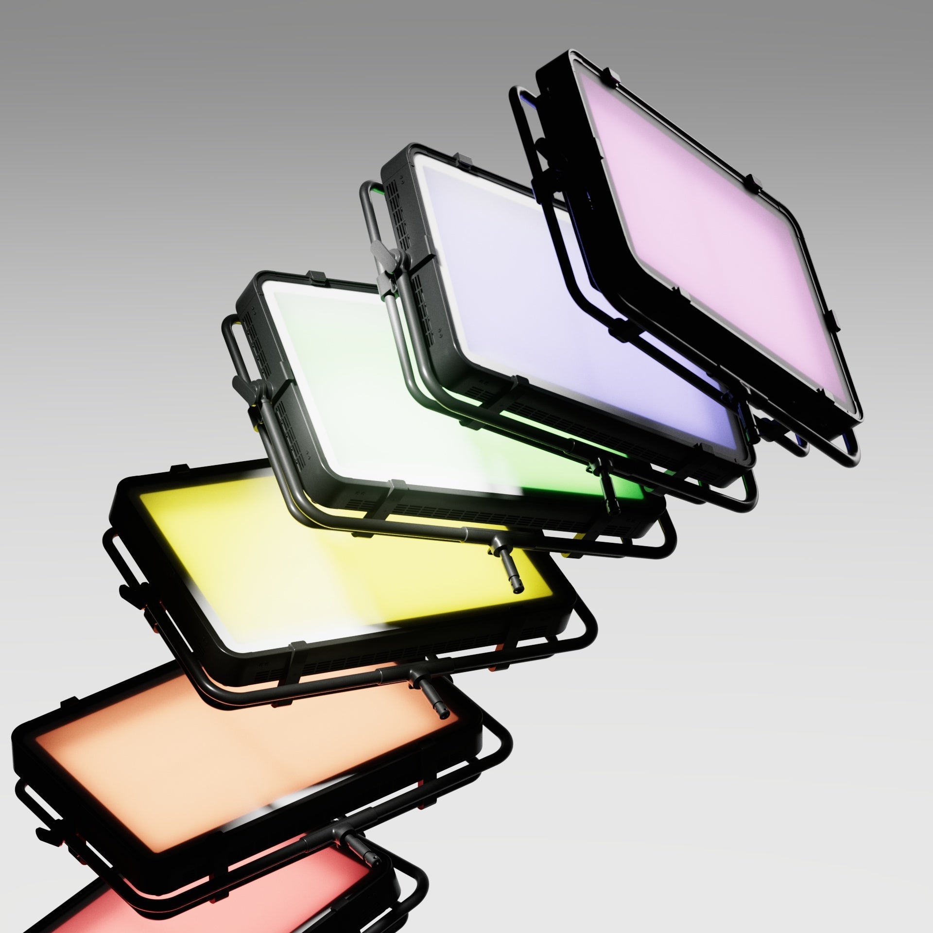Several Profoto LP2000C's shown projecting different light colours.
