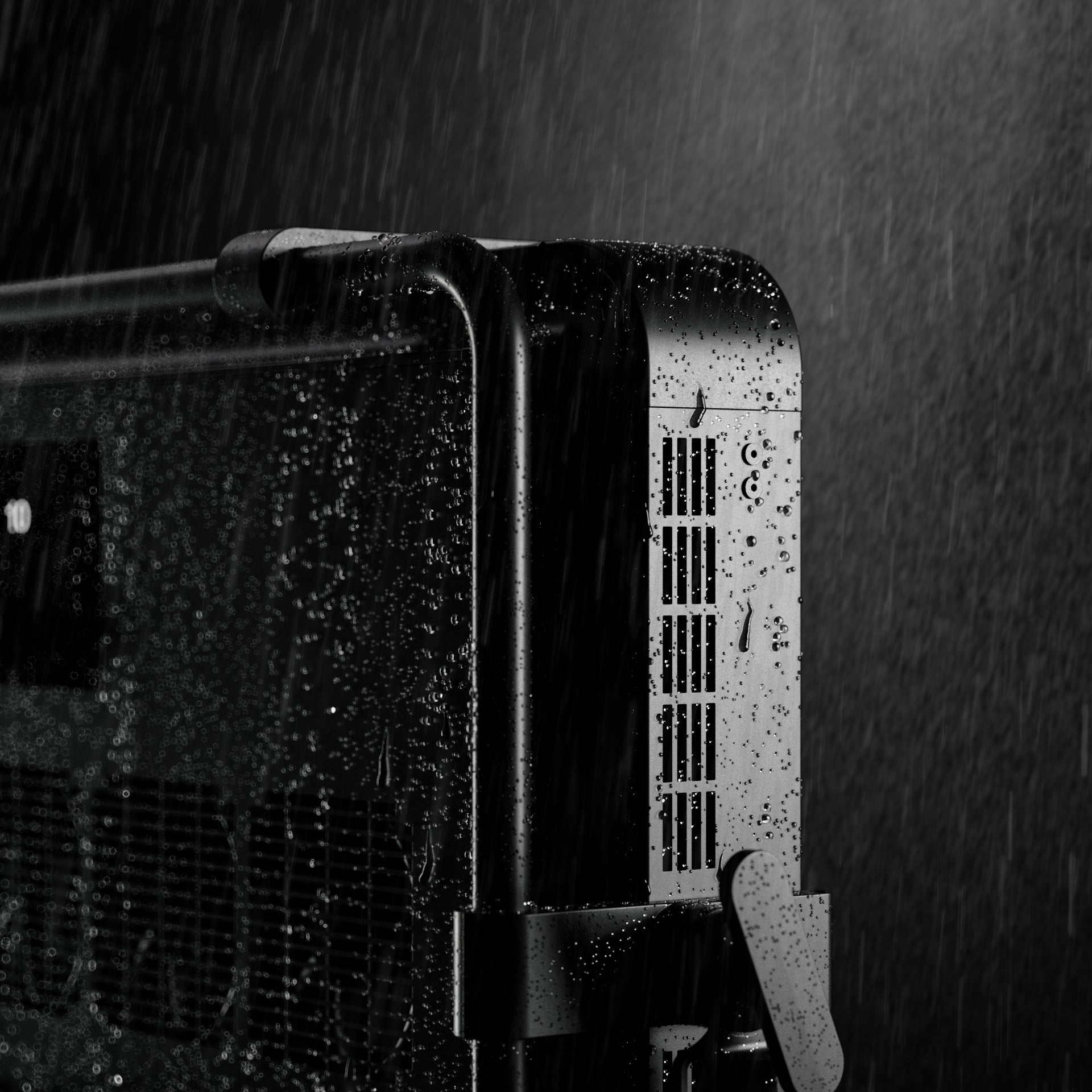 Profoto LP2000C being shown during a downpour indicating its water resistance.