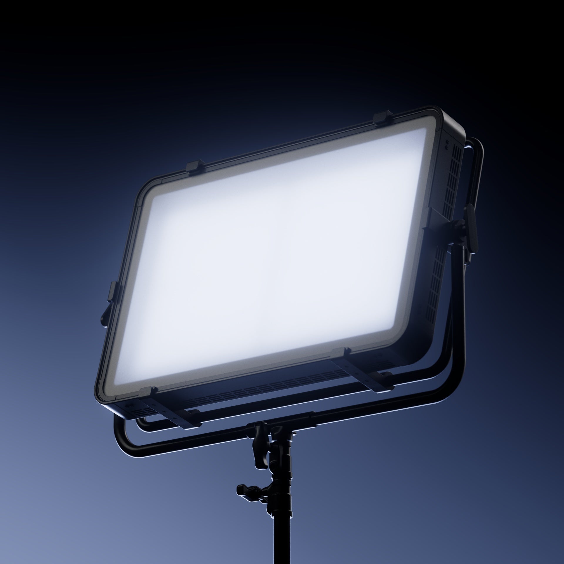 Profoto LP2000C shown tilted upwards on a stand.