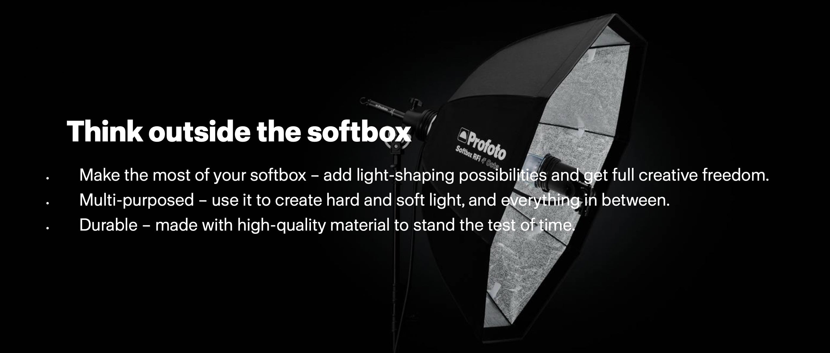 Profoto Zoom Rod Softbox Kit, on a black background with text thaty reads - Think Outside The Box. Make the most of your Softbox - add light shaping possibilities and get full creative freedom.