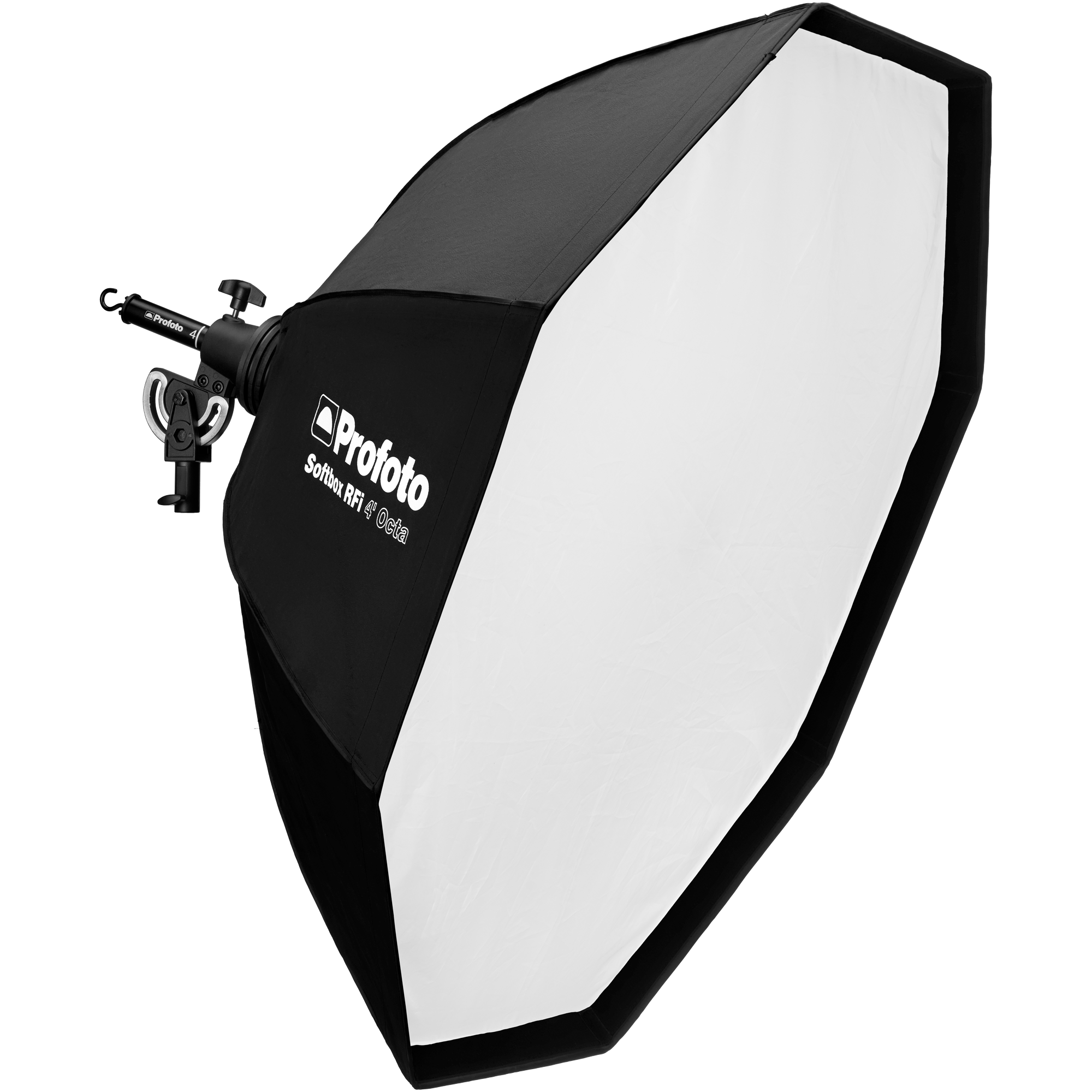 Three-quarter angle showing the Profoto Zoom Rod Softbox Kit, with the assembled Profoto RFI 4ft (120cm) diameter Softbox, but also including the Small Zoom Rod from Profoto.
