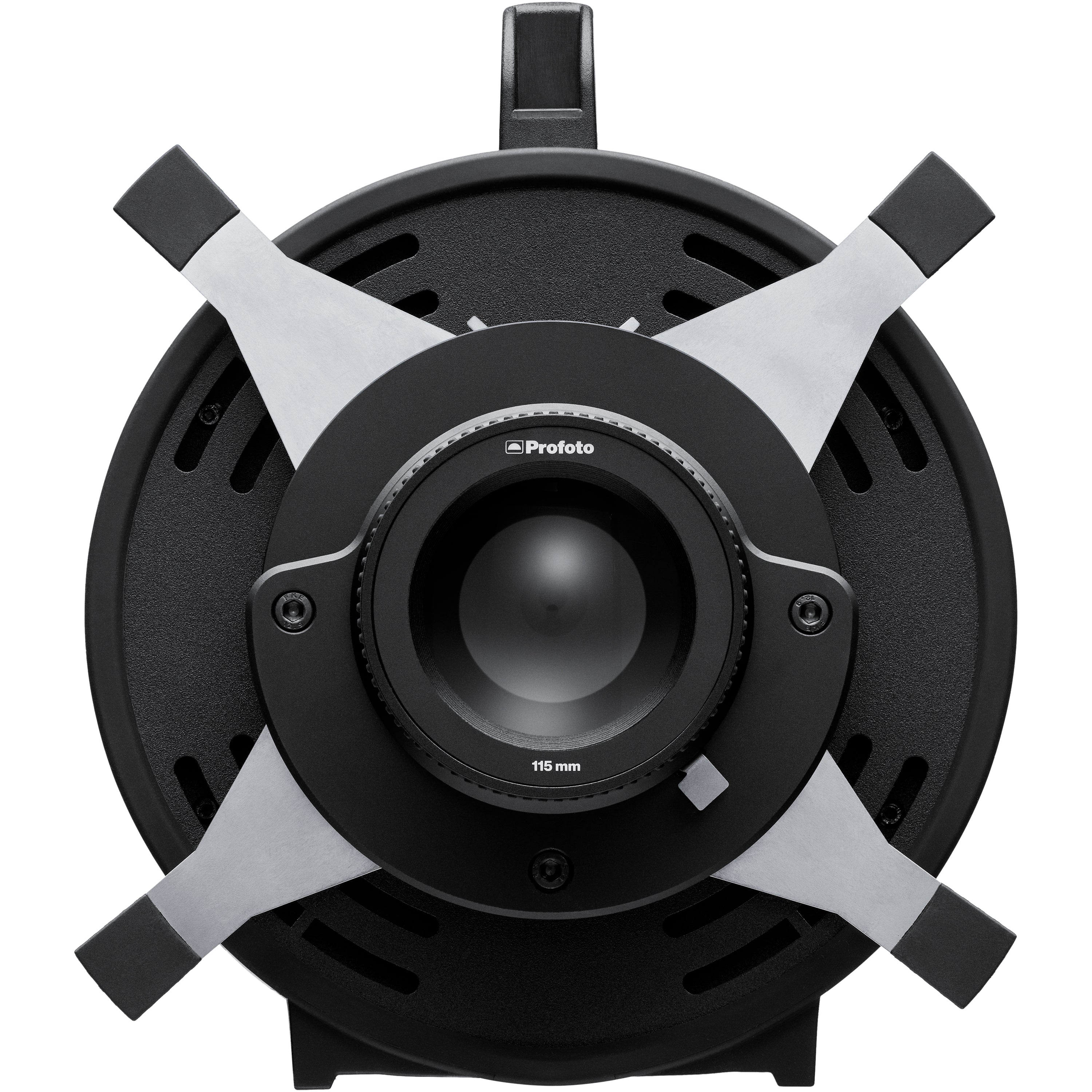 Front view of the Profoto Spot Small, showing the four Blades and the 115mm Optical Lens.