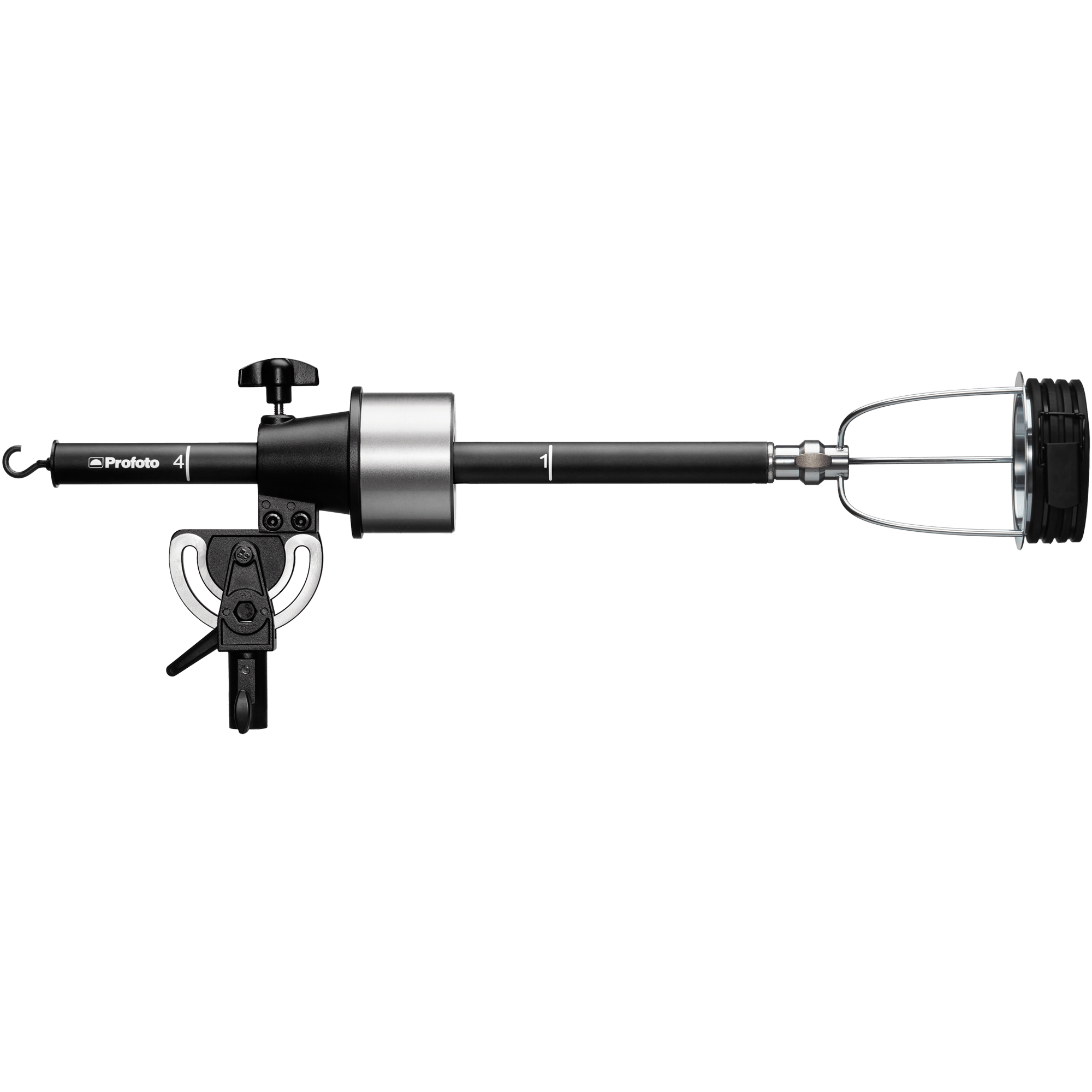 Profoto Zoom Rod Small shown with the Profoto cage attached and the tilt mechanism.