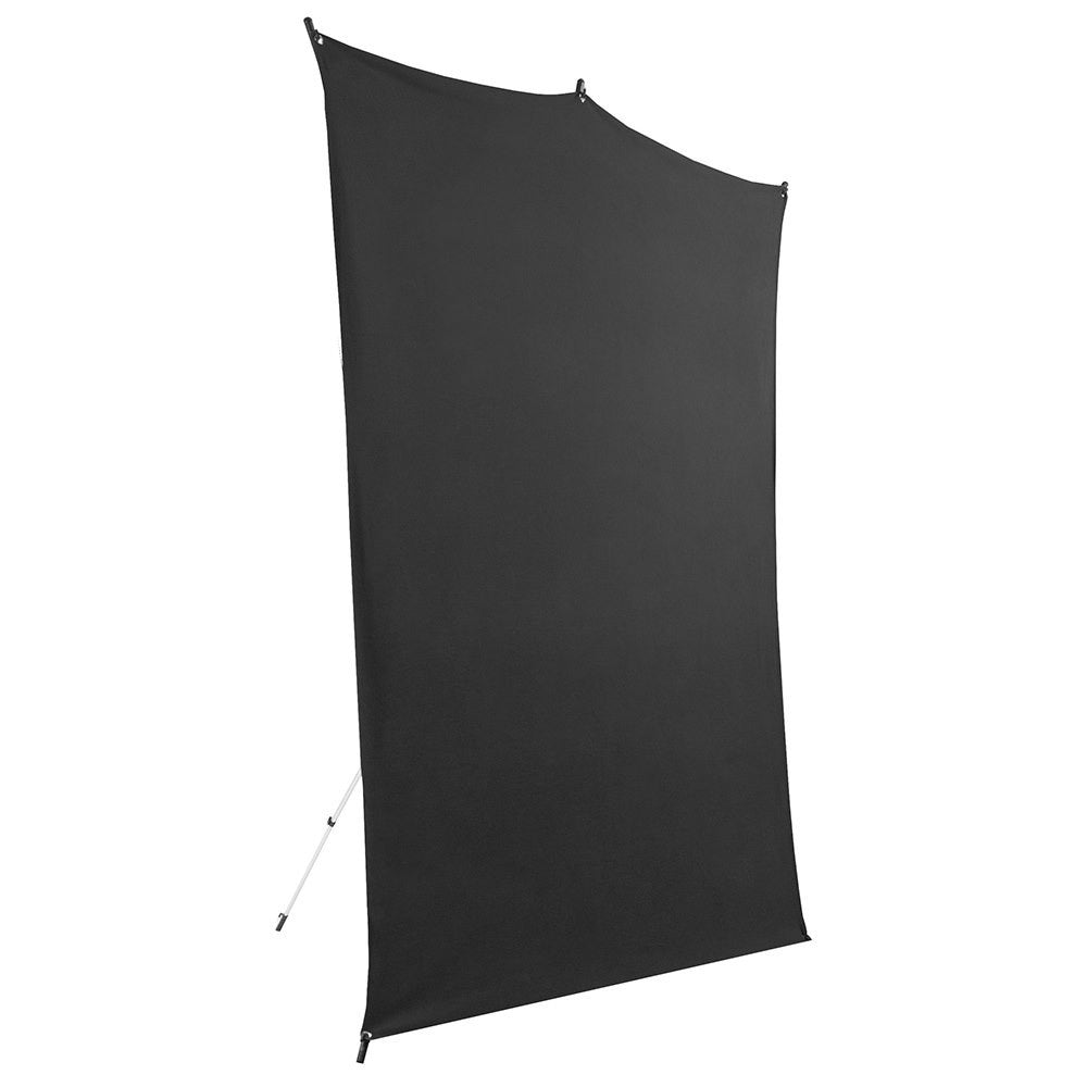 Black seamless fabric backdrop for photo sessions. Shown on a frame which is in the background.