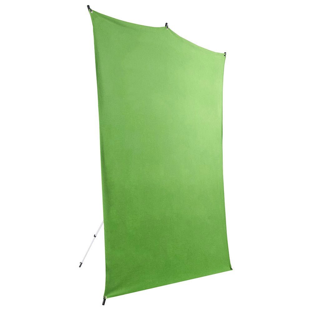 Green seamless fabric backdrop for photo sessions. Shown on a frame which is in the background.