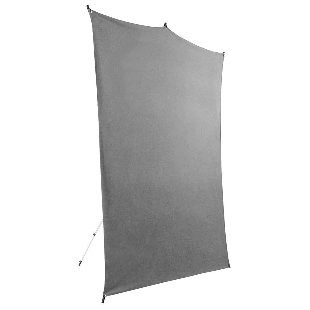 Grey seamless fabric backdrop for photo sessions. Shown on a frame which is in the background.