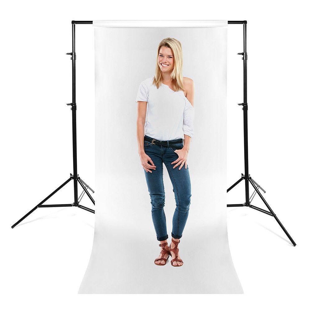 Example of Savage Background Stand being utilised with a female model and a white background paper.