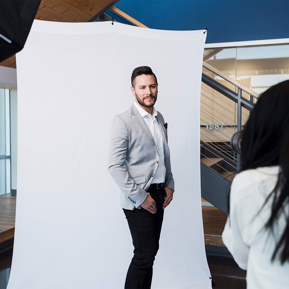 Gentleman shown in situ againts a white semaless photo background.