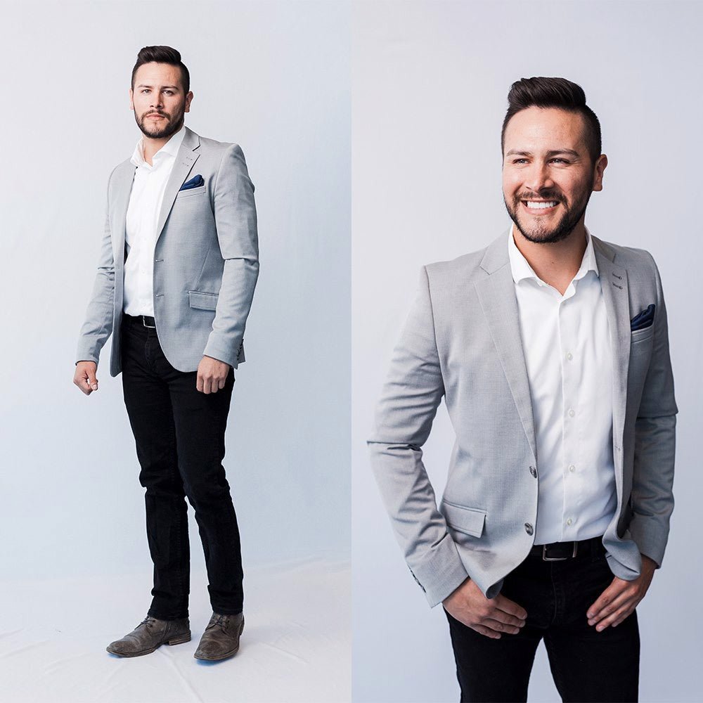 Final images of a happy gentleman shown in the after images, having been photographed against a white semaless fabric background.