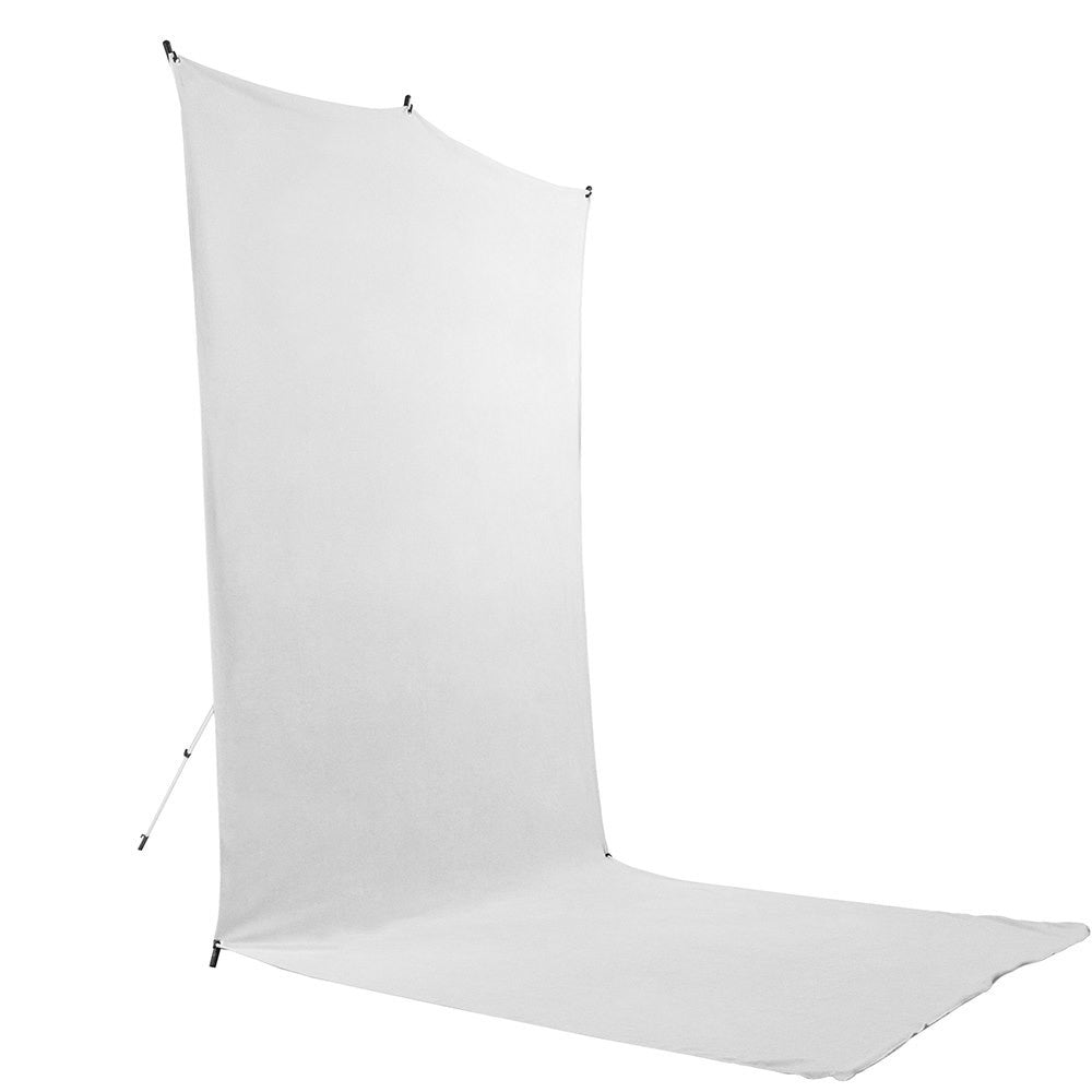 Portable seamless white fabric background, ideal for beginners and image creators on the move. Shown assembled with combined white floor train.