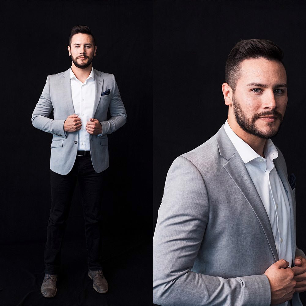 Final images of a happy gentleman shown in the after images, having been photographed against a full length black semaless fabric background.